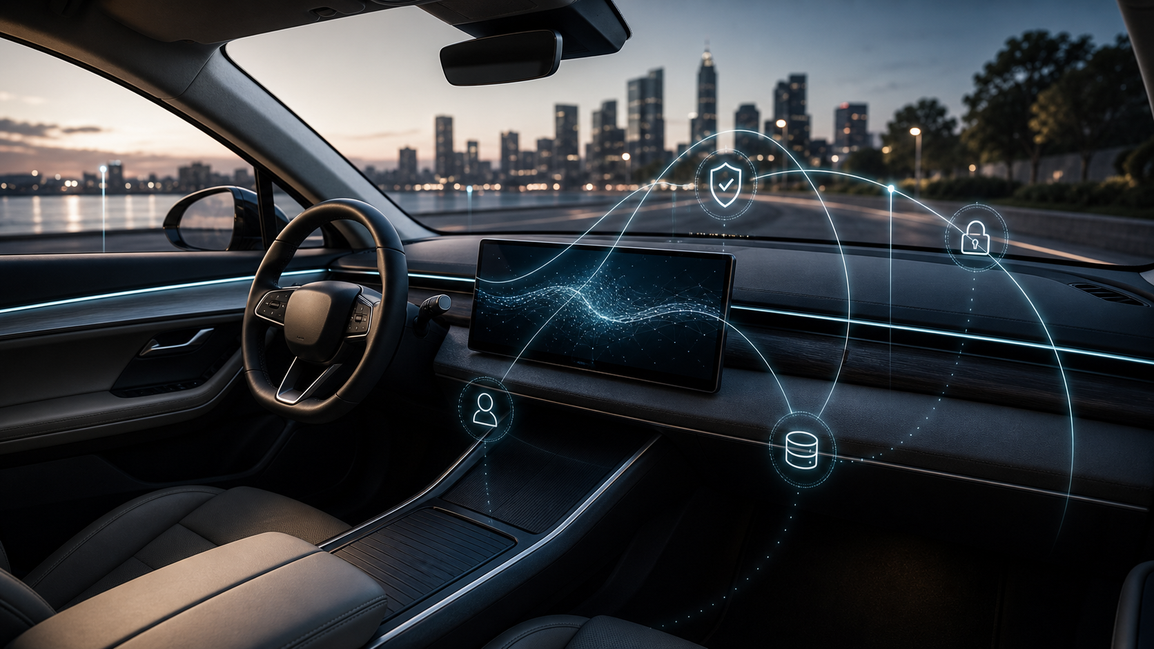Premium vehicle interior with abstract governed AI signals.