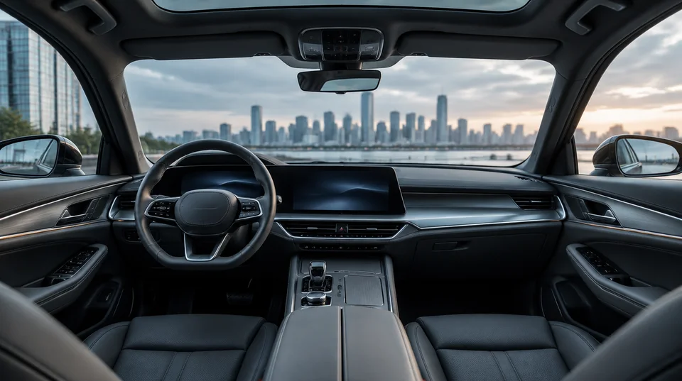 Illustrative premium vehicle cabin with a charcoal interior and a city skyline beyond the windshield.