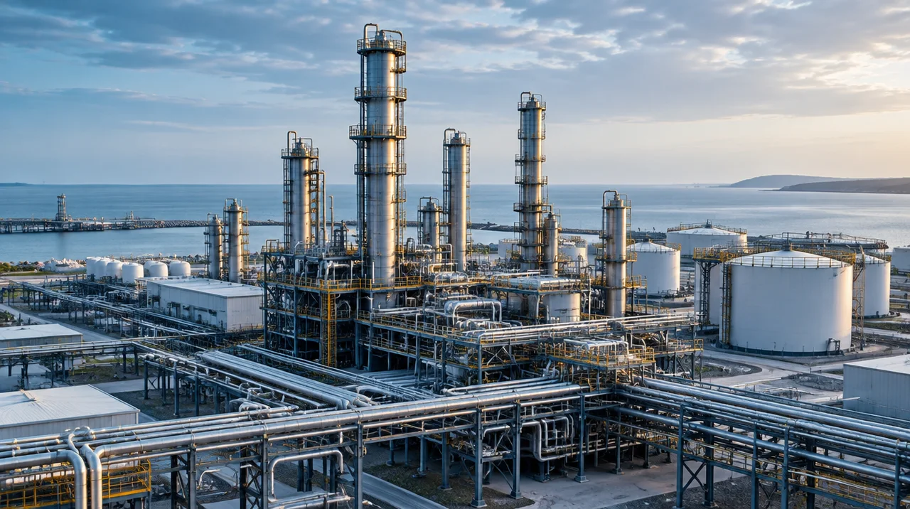 Illustrative coastal oil and gas refinery with distillation towers, storage tanks, and steel pipework.