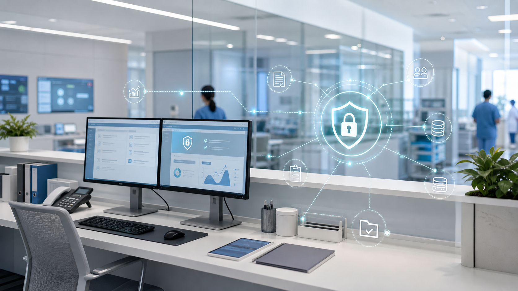 Healthcare operations environment with abstract governed AI and privacy signals.