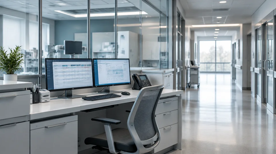Illustrative hospital care operations workstation beside a bright clinical corridor.