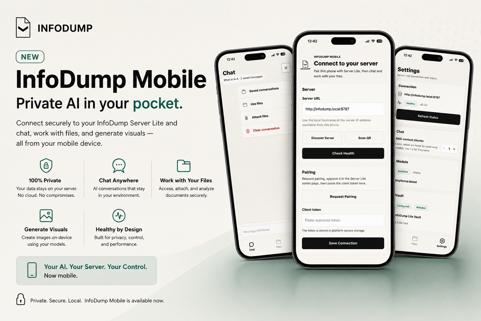InfoDump Mobile announcement banner showing private AI access from a phone
