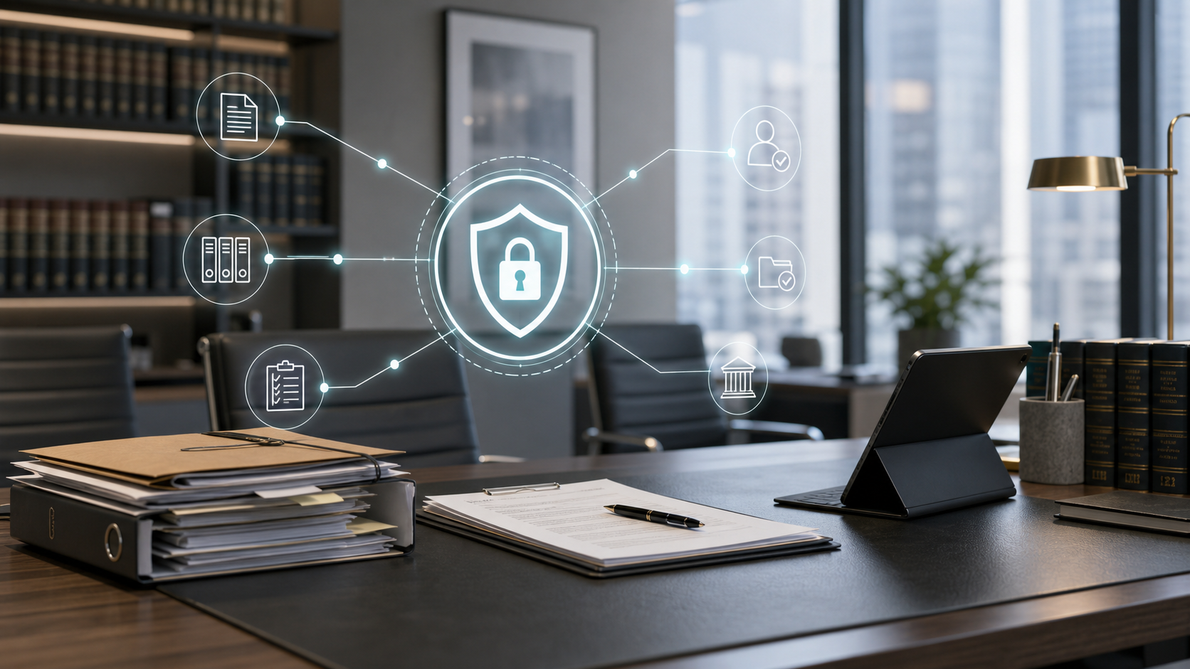 Law firm workspace with abstract governed AI and confidentiality signals.
