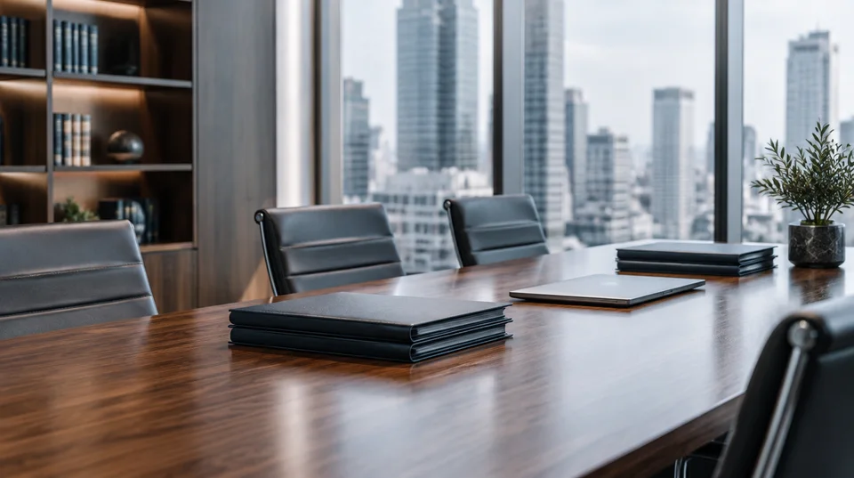 Illustrative contemporary legal meeting room with closed document folders and a laptop on a walnut table.